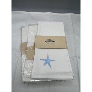 6 Hawaiian Island Cloth Dinner Napkins 20" Square Off White Blue Starfish USA
